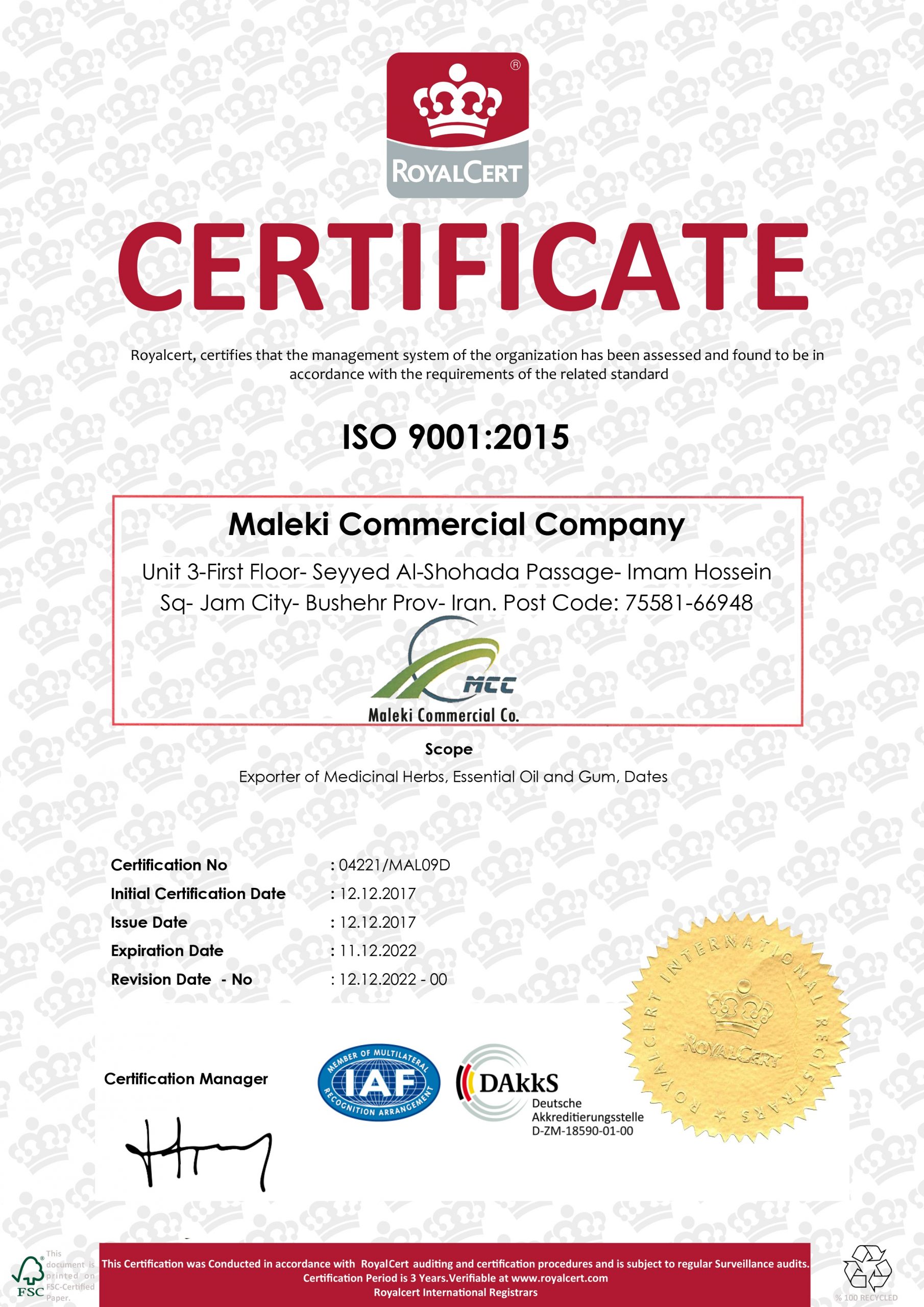 Maleki Commercial Co. ISO 9001