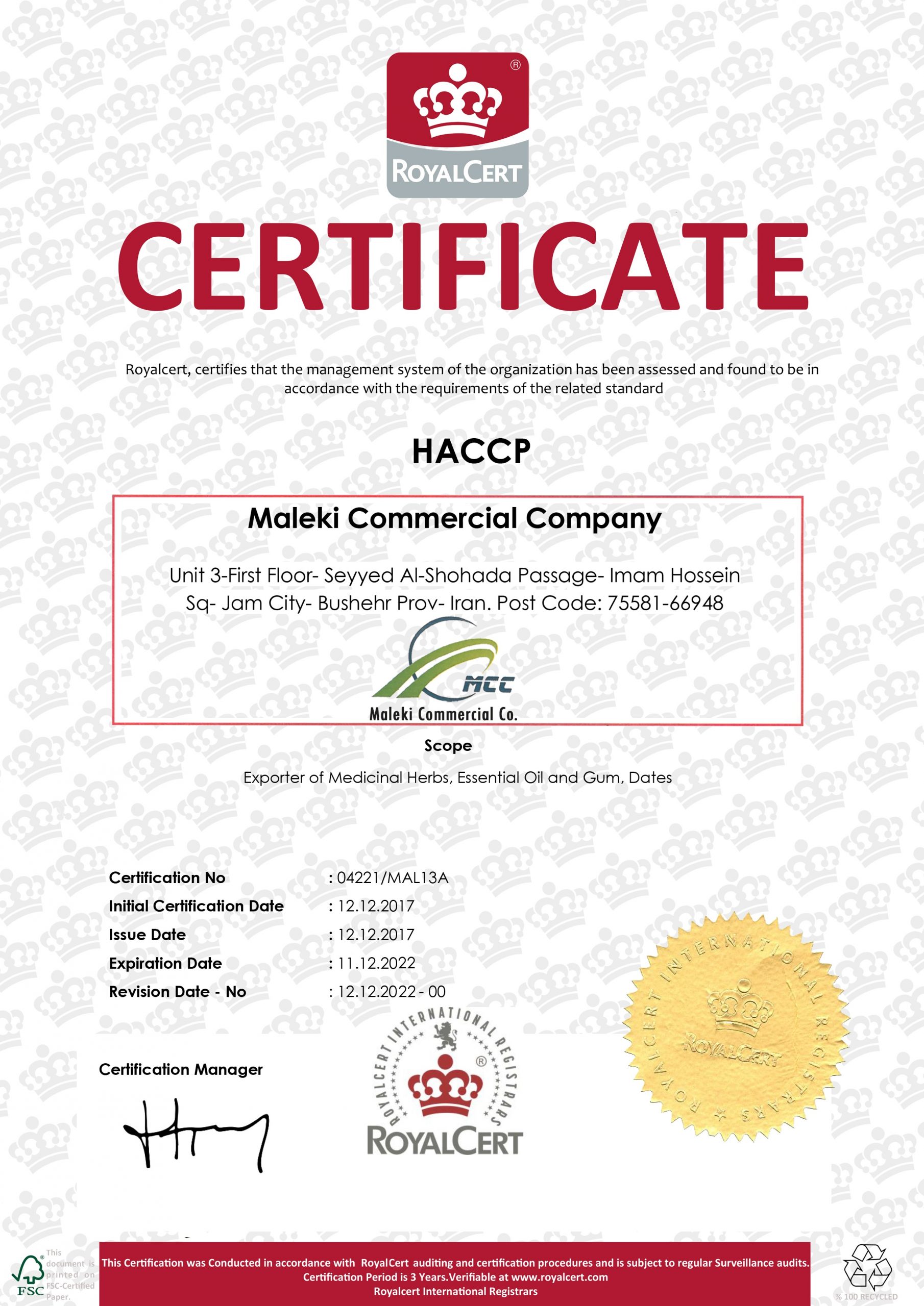 Maleki Commercial Co. ISO HACCP